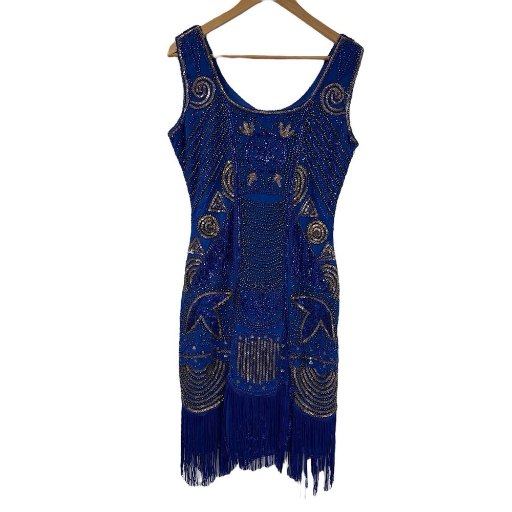Royal Blue Beaded Sequin Fringe Mini Dress S Unique Vintage Ornate Gatsby